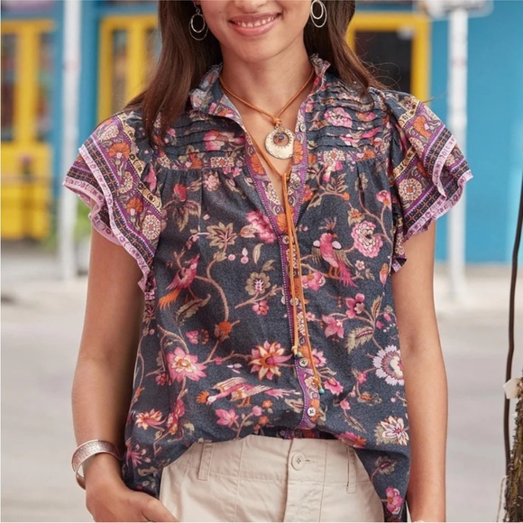 Sundance Tops - Sundance Marcleine Ruffle shoulder Blouse Gray and Pink Floral Bird Print M